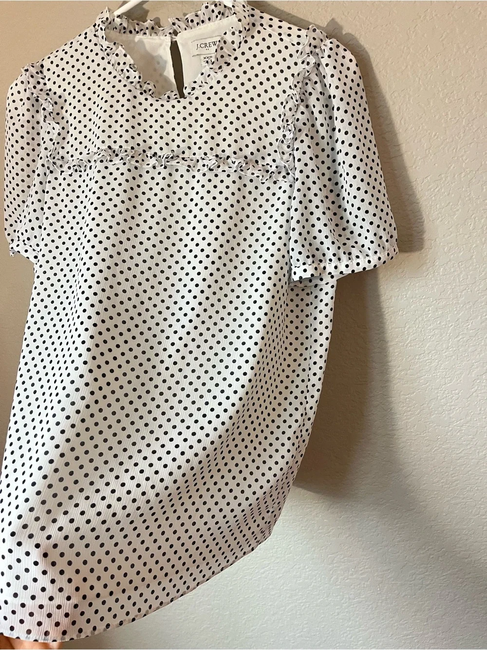 J.Crew XXS Polka Dot Ruffle Blouse Puff Sleeve White Black Preppy Office